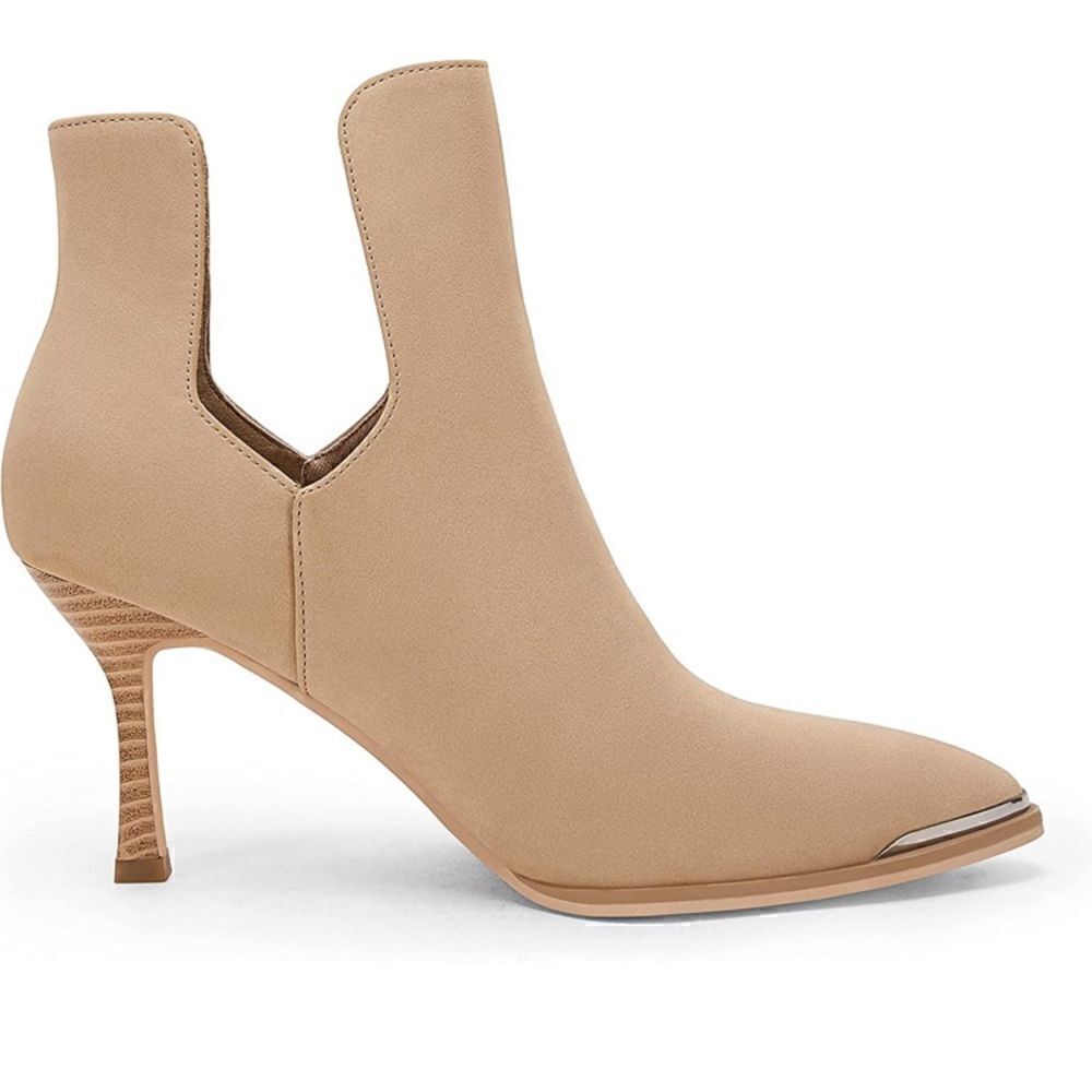 Laicigo Pointed Mirror Toe Cutout Slip on Faux Leather Beige Heeled Ankle Bootie